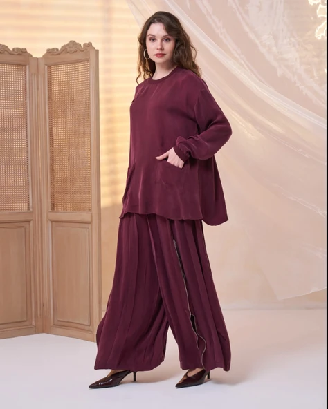 Misswhence İçi Pantolonlu Cupra İpek Tunik Şalvar Takım 39004 bordo ürün görseli 1