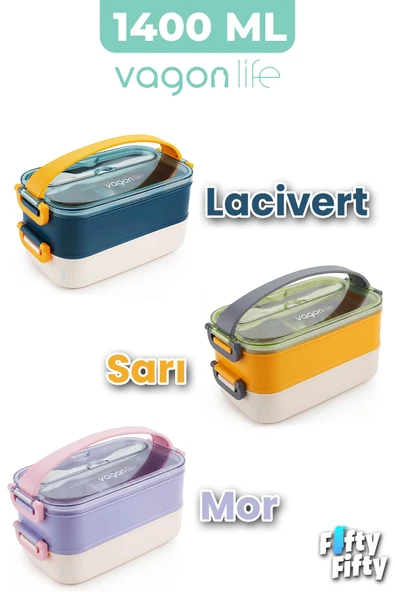 1400 ML İki Kat Üç Bölme Paslanmaz Çelik Lunch Box Yeni Nesil Sefer Tası - Kaşıkçatallı -1400462 ürün görseli 1
