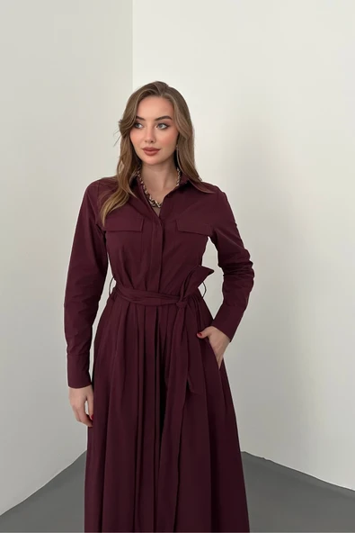 Bordo Düğmeli Poplin Elbise - Resim 3