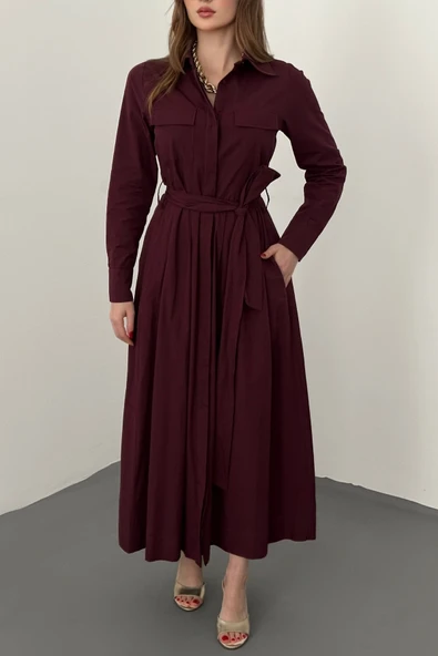 Bordo Düğmeli Poplin Elbise - Resim 4