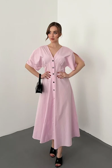 Pembe Düğmeli Midi Boy Poplin Elbise ürün görseli 1