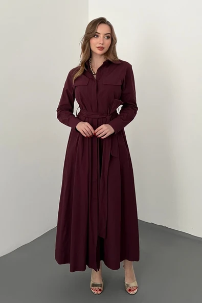 Bordo Düğmeli Poplin Elbise ürün görseli 1