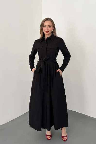 Siyah Düğmeli Poplin Elbise - Resim 5