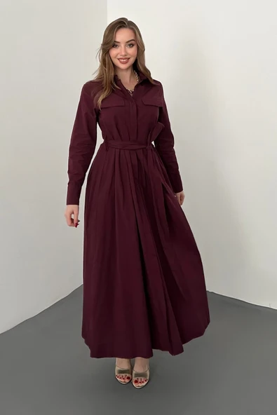 Bordo Düğmeli Poplin Elbise - Resim 2