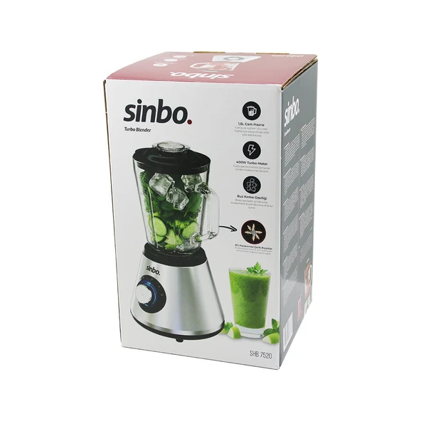 TURBO DOĞRAYICI BLENDER BUZ KIRICI 6LI BIÇAK=PASLANMAZ ÇELİK - 1.5LT CAM HAZNE 2 KADEME HIZ 400W 18000 DEVİR/DK HAZNE=1.6LT SHB-7520 GO53/1395 ürün görseli 1