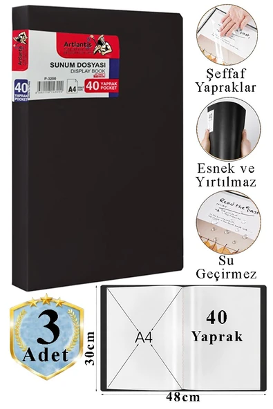 Siyah Sunum Dosyası 40 lı 3 Adet Poşet Dosyalı Katalog Dosyası 40 Poşetli Kendinden Dosya Plastik Kapaklı ürün görseli 1