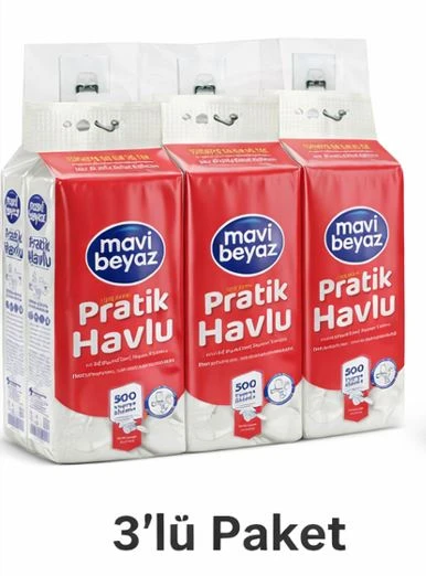 Mavi beyaz Pratik Havlu 500 Yaprak - Yeni Nesil Çok Amaçlı Kağıt Havlu (Asma Aparatı Hediyeli) -3 Adet ürün görseli 1