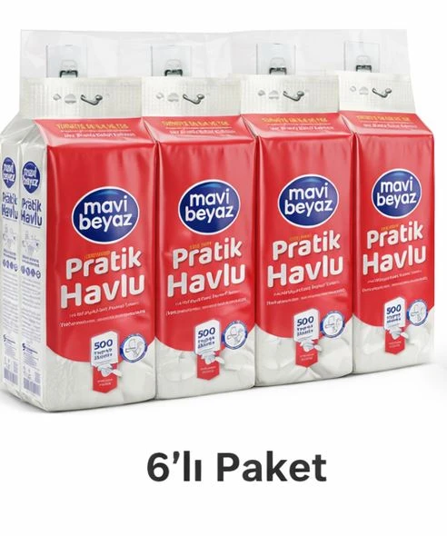 Mavi beyaz Pratik Havlu 500 Yaprak - Yeni Nesil Çok Amaçlı Kağıt Havlu (Asma Aparatı Hediyeli) - 6 Adet ürün görseli 1