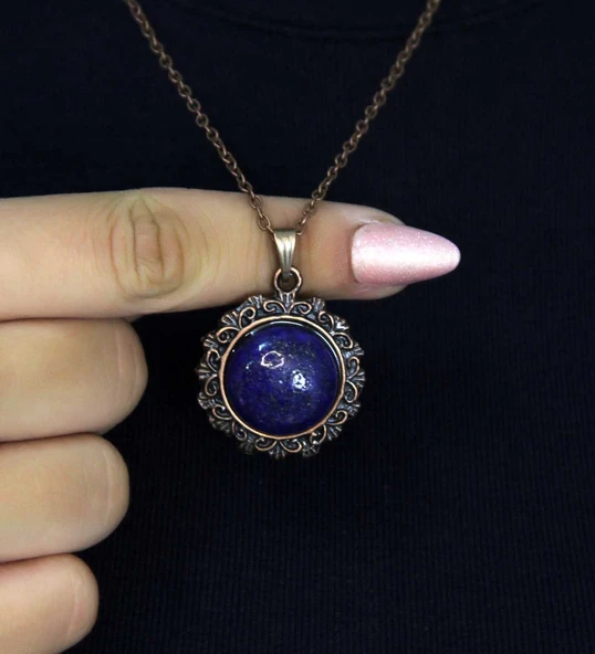 Doğal Taş Lapis Doğal Taşlı Desenli Otantik Kadın Kolye 45 Cm Zincirli euk28lps2 ürün görseli 1