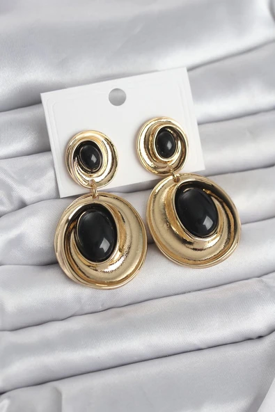 Siyah Sallantılı Damla Model Gold Renk Vintage Kadın Küpe (Vice/1395) ürün görseli 1