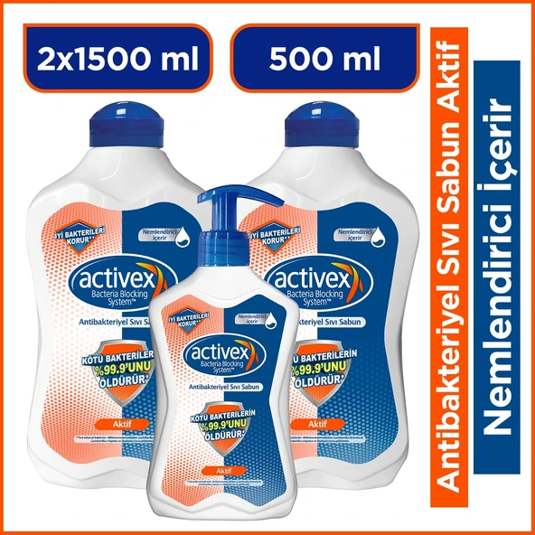 Activex Antibakteriyel Sıvı Sabun Aktif 2x1.5 Lt + 500 Ml Nemlendirici İçerir ürün görseli 1