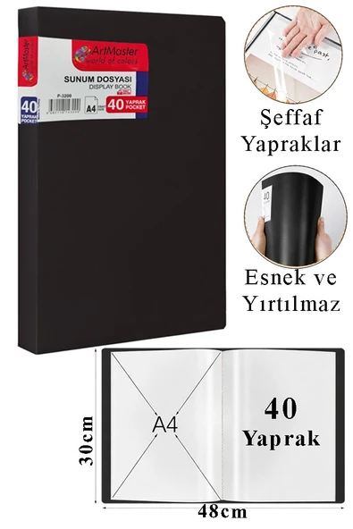 Siyah Sunum Dosyası 40 lı 1 Adet Poşet Dosyalı Katalog Dosyası 40 Poşetli Kendinden Dosya Plastik Kapaklı ürün görseli 1