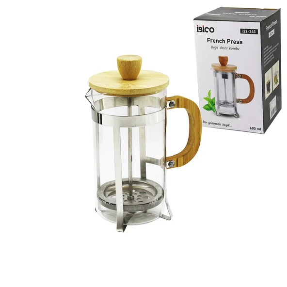 FRENCH PRESS METAL KAFES - BAMBU SAP BAMBU KAPAK 600ML CAM BİTKİ SÜZGEÇİ GO53/1395 ürün görseli 1