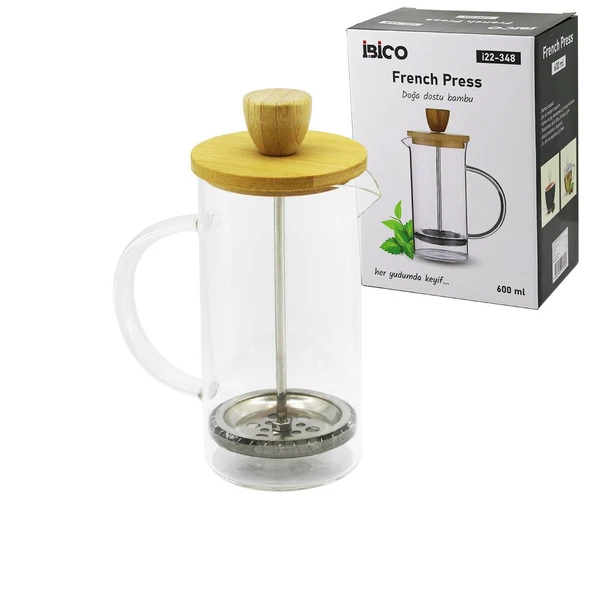 FRENCH PRESS BAMBU KAPAK 600ML CAM BİTKİ SÜZGEÇİ GO53/1395 ürün görseli 1