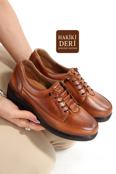 Taba Renk Hakiki Deri Anatomik Lastik Bağcıklı Günlük Hafif Kadın Ayakkabı Maan ürün görseli 1