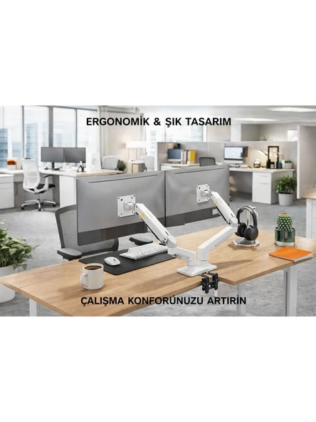 NB F160 Beyaz 17-27 İnç Çift Kol Gazlı Monitör Tutucu 2-9 kg VESA Uyumlu Masaüstü Monitör Standı ürün görseli 1