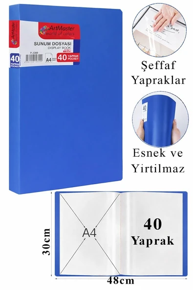 Mavi Sunum Dosyası 40 lı 1 Adet Poşet Dosyalı Katalog Dosyası 40 Poşetli Kendinden Dosya Plastik Kapaklı ürün görseli 1