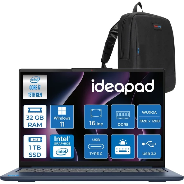 Ideapad Slim 5 16IRH10 Intel Core I7-13620H 32GB Ddr5 1tb SSD Intel® UHD Graphics 16" Wuxga (1920X1200) IPS 300NITS WIN11PRO Taşınabilir Bilgisayar 83HS00B4TRP13+ZETTAÇANTA ürün görseli 1