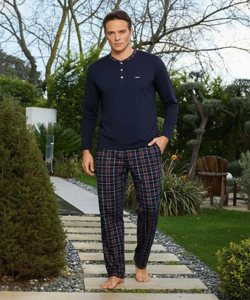 Pijamoni Erkek Standart Kalıp Pamuklu Düğme Yaka Uzun Kol Baharlık Pijama Takımı 6300/8L - 1 Adet  Lacivert 2XL ürün görseli 1