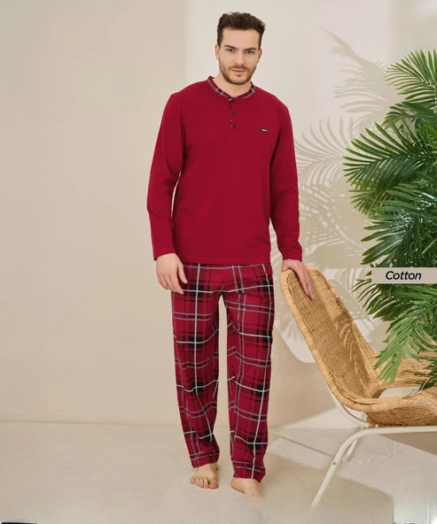 Pijamoni Erkek Standart Kalıp Pamuklu Düğme Yaka Uzun Kol Baharlık Pijama Takımı 6300/5KK - 1 Adet  XL Kırmızı ürün görseli 1