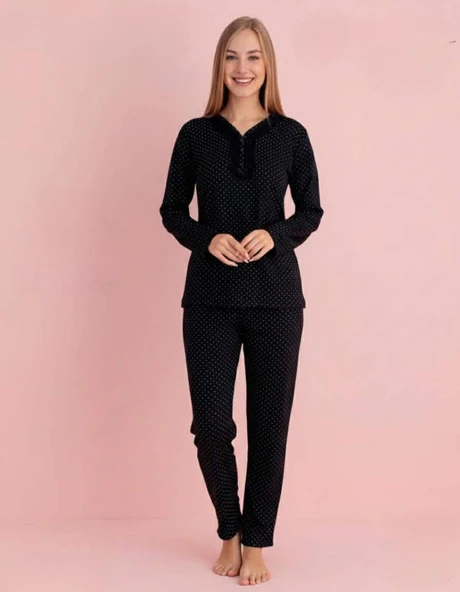 Pijamerry Kadın Bambu Baharlık Dantel Yaka Uzun Kol İnce Pijama Takımı 5210S - 1 Adet  Siyah M ürün görseli 1