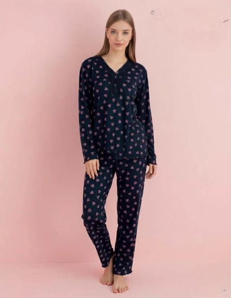 Pijamerry Kadın Bambu Baharlık Dantel Yaka Uzun Kol İnce Pijama Takımı 5209L - 1 Adet  Lacivert 2XL ürün görseli 1