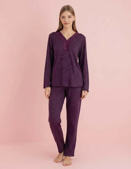 Pijamerry Kadın Bambu Baharlık Dantel Yaka Uzun Kol İnce Pijama Takımı 5207M - 1 Adet  M Mor ürün görseli 1