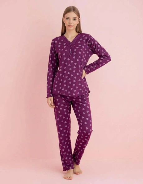 Pijamerry Kadın Bambu Baharlık Dantel Yaka Uzun Kol İnce Pijama Takımı 5206M - 1 Adet  XL Mor ürün görseli 1