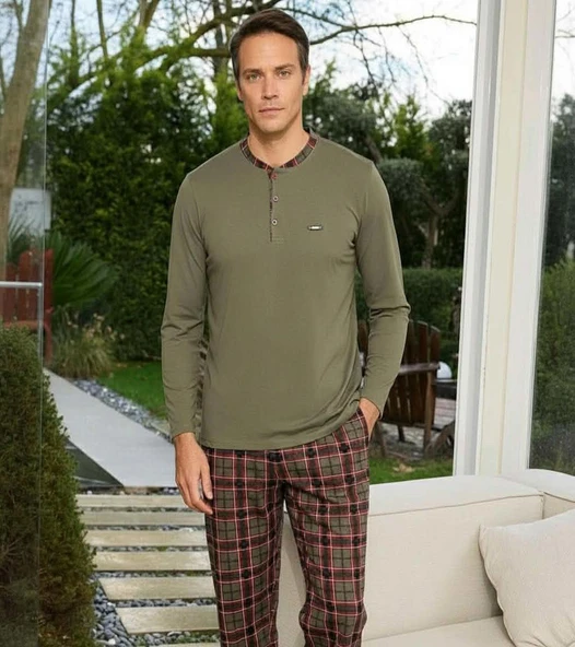 Pijamoni Erkek Standart Kalıp Pamuklu Düğme Yaka Uzun Kol Baharlık Pijama Takımı 6300/5H - 1 Adet  M Haki ürün görseli 1