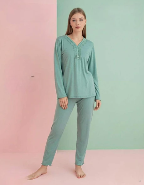 Pijamerry Kadın Bambu Baharlık Dantel Yaka Uzun Kol İnce Pijama Takımı 5208Y - 1 Adet  XL Yeşil ürün görseli 1