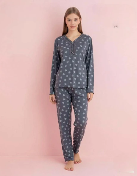 Pijamerry Kadın Bambu Baharlık Dantel Yaka Uzun Kol İnce Pijama Takımı 5204F - 1 Adet  XL Füme ürün görseli 1