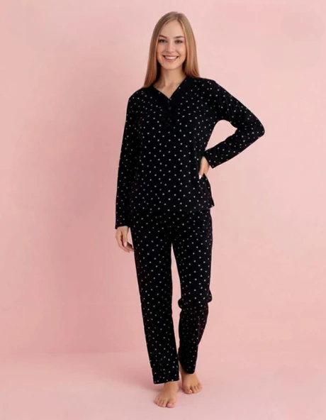Pijamerry Kadın Bambu Baharlık Dantel Yaka Uzun Kol İnce Pijama Takımı 5211S - 1 Adet  Siyah 2XL ürün görseli 1