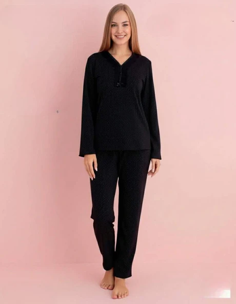 Pijamerry Kadın Bambu Baharlık Dantel Yaka Uzun Kol İnce Pijama Takımı 5212S - 1 Adet  Siyah 2XL ürün görseli 1