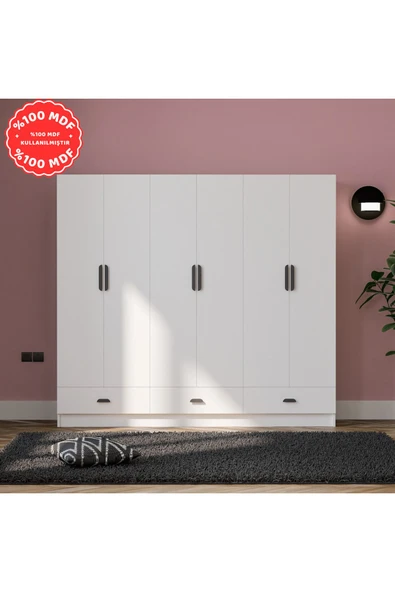 İMBAŞ İnci 6 Kapak 3 Çekmeceli Gardırop %100 MDF ürün görseli 1