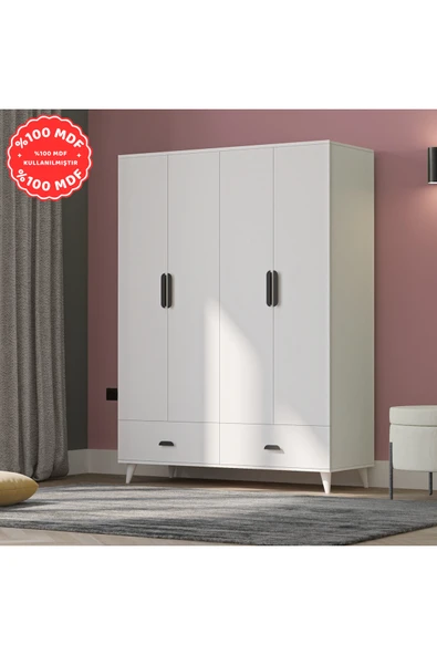 İMBAŞ İnci 4 Kapaklı 2 Çekmeceli Gardırop Beyaz %100 MDF ürün görseli 1