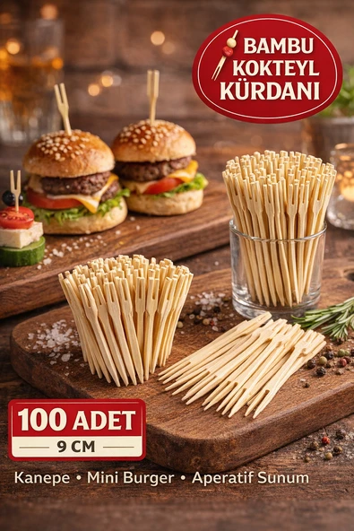 100 Adet Bambu Çatallı Kürdan 9 cm Kokteyl Kürdanı Aperatif Sunum Kürdanı Mini Burger Kürdanı ürün görseli 1