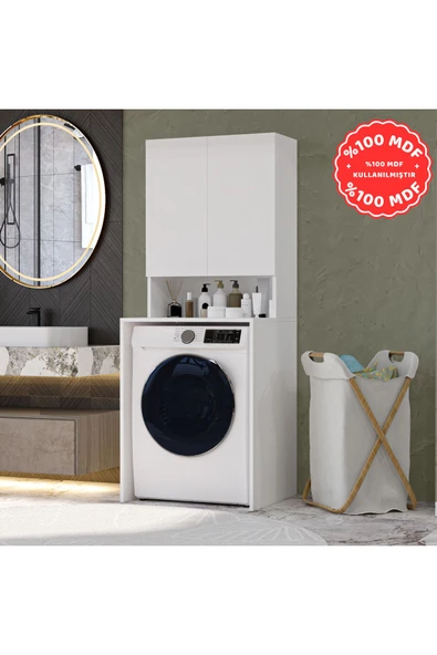 İMBAŞ Mobilya Çamaşır Makinesi Dolabı 3 Raflı Kapaklı Banyo Dolabı Beyaz %100 MDF ürün görseli 1