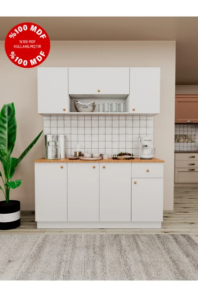 İMBAŞ AGT 160 cm %100 MDF Ahşap Tezgahlı Beyaz Kapaklı Hazır Mutfak Dolabı ürün görseli 1