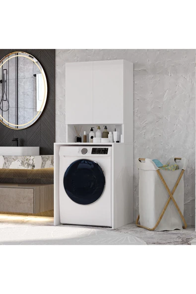 İMBAŞ Mobilya Çamaşır Makinesi Dolabı 3 Raflı Kapaklı Banyo Dolabı Beyaz ürün görseli 1