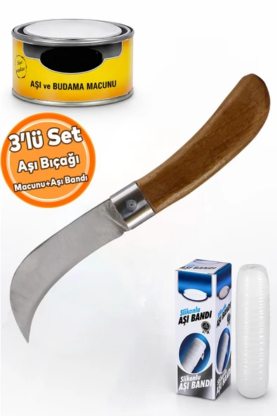 (3'LÜ SET) Fidan Aşı Bıçağı Eğri Uçlu Bağ Bıçağı Çakısı + Aşı Bandı + Aşı Macunu ürün görseli 1