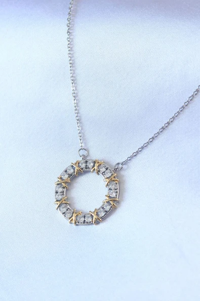 316L Çelik Gümüş Renk Zirkon Taşlı Gold Detay Xoxo Kadın Kolye - TJ-BKO7459 TG-1395 339073 ürün görseli 1