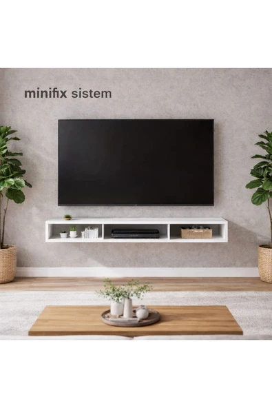 MOBİLYACIN Dekoratif Raflı Duvar Tv Ünitesi Üç Bölmeli Beyaz 90 ürün görseli 1
