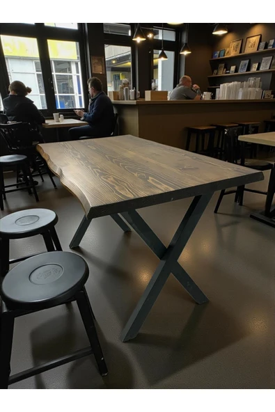 MOBİLYACIN CAFE MASA CEVİZ KÖKNAR Kütük Masa X AYAK SİYAH 200x100 ürün görseli 1