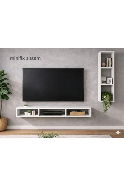 MOBİLYACIN Dekoratif Duvar Rafı - Tv Ünitesi 2 Parçalı Beyaz 130x90 ürün görseli 1