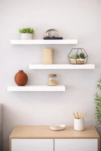 MOBİLYACIN 3'lü Uçan Duvar Rafı Set Gizli Raf- Beyaz 15x50 ürün görseli 1