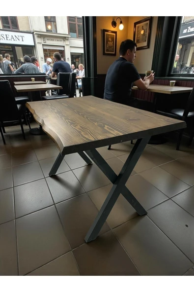 MOBİLYACIN CAFE MASA CEVİZ KÖKNAR Kütük Masa X AYAK SİYAH 140x70 ürün görseli 1