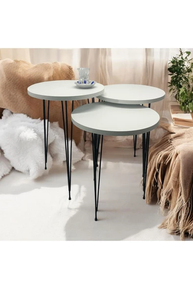 MOBİLYACIN Zigon Sehpa 3'lü Yuvarlak Model Metal Tel Ayak (BEYAZ) ürün görseli 1