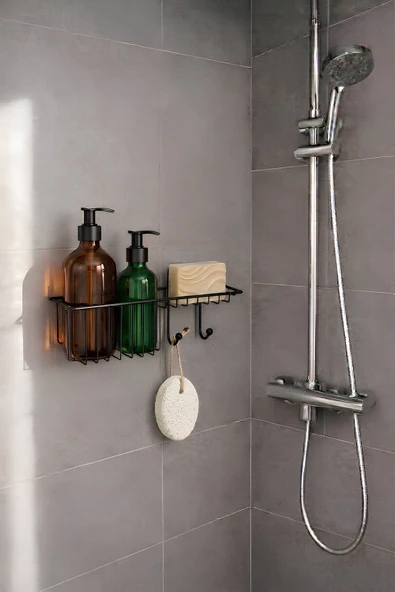Siyah Banyo Düzenleyici Şampuanlık, Duş Rafı, 30,5x11x9,5 cm (Yapıştır/Vidala) - (AŞ-01) ürün görseli 1