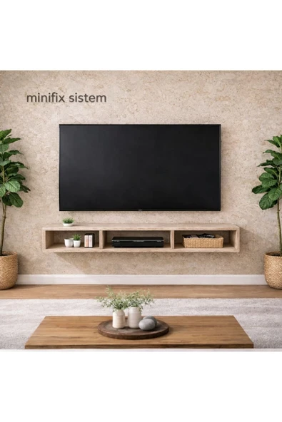 MOBİLYACIN Dekoratif Raflı Duvar Tv Ünitesi Üç Bölmeli Traverten 150 ürün görseli 1