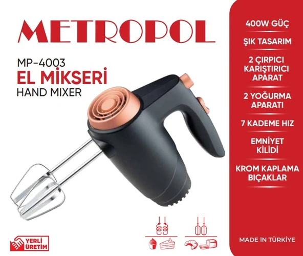 Metropol MP-4003 El Mikseri – 400W Güç, 7 Kademe Hız, Krom Çırpıcı ve Yoğurma Aparatları ürün görseli 1